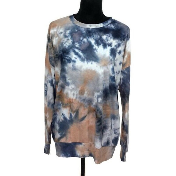 Socialite Navy Tie Dye Ribbed Long Sleeve Top Crew Neck Size Large L NEW - Picture 1 of 3